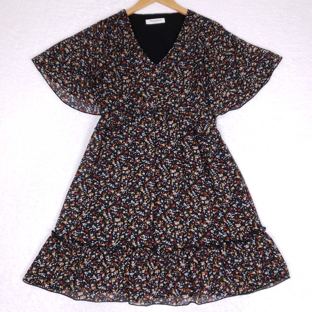 Manydress Floral Midi Dress Black M Flutter Sleeve Cottagecore Ruffle‎ Hem Boho